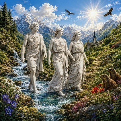 Trois personnages marchant dans un ruisseau en montagne