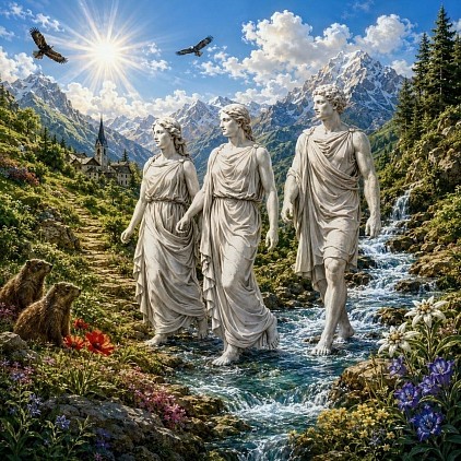 Trois personnages marchant dans un ruisseau en montagne